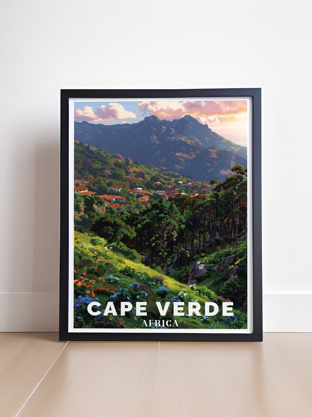 Mount Verde and the picturesque coastline of Cape Verde come to life in this stunning travel poster. The vibrant artwork celebrates the islands rugged beauty and serene coastal views, making it ideal for adding a touch of Africas landscapes to your living space.