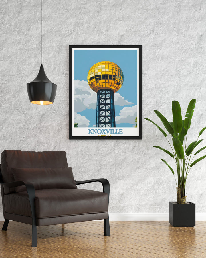 Sunsphere travel print from Knoxville, Tennessee, highlighting the famous golden sphere and capturing the vibrant energy of the city. This canvas art is ideal for anyone looking to bring Knoxvilles iconic skyline into their living space.