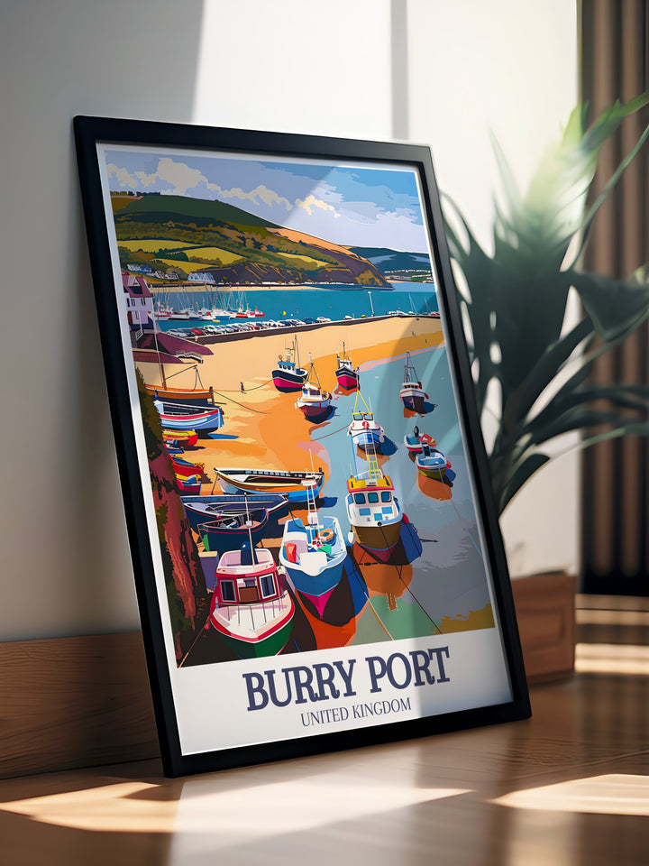 Coastal Park art print from Burry Port a charming addition to any home decor showcasing the beautiful Welsh coastline alongside Pembrey Country Park and Burry Port harbor modern prints