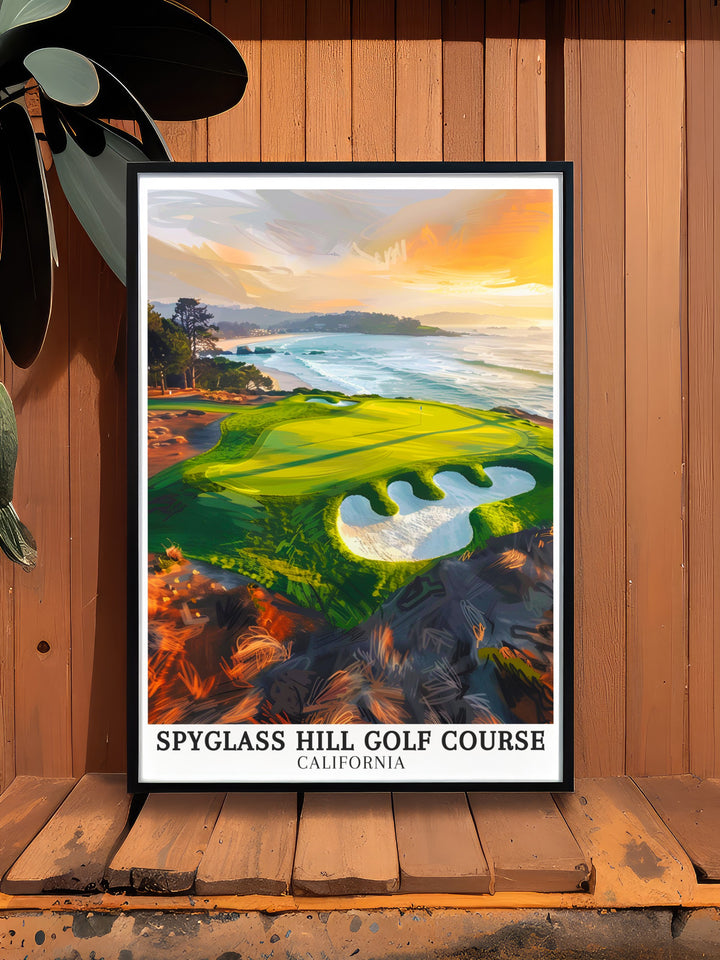 Spyglass Hill canvas wall art depicting the majestic views and challenging paths of the golf course within Monterey Bay, California. These travel canvas prints are perfect for golf art enthusiasts who appreciate natural beauty and sport. Enhance your living space with Spyglass Hill Wall Art that captures the stunning views of the course.