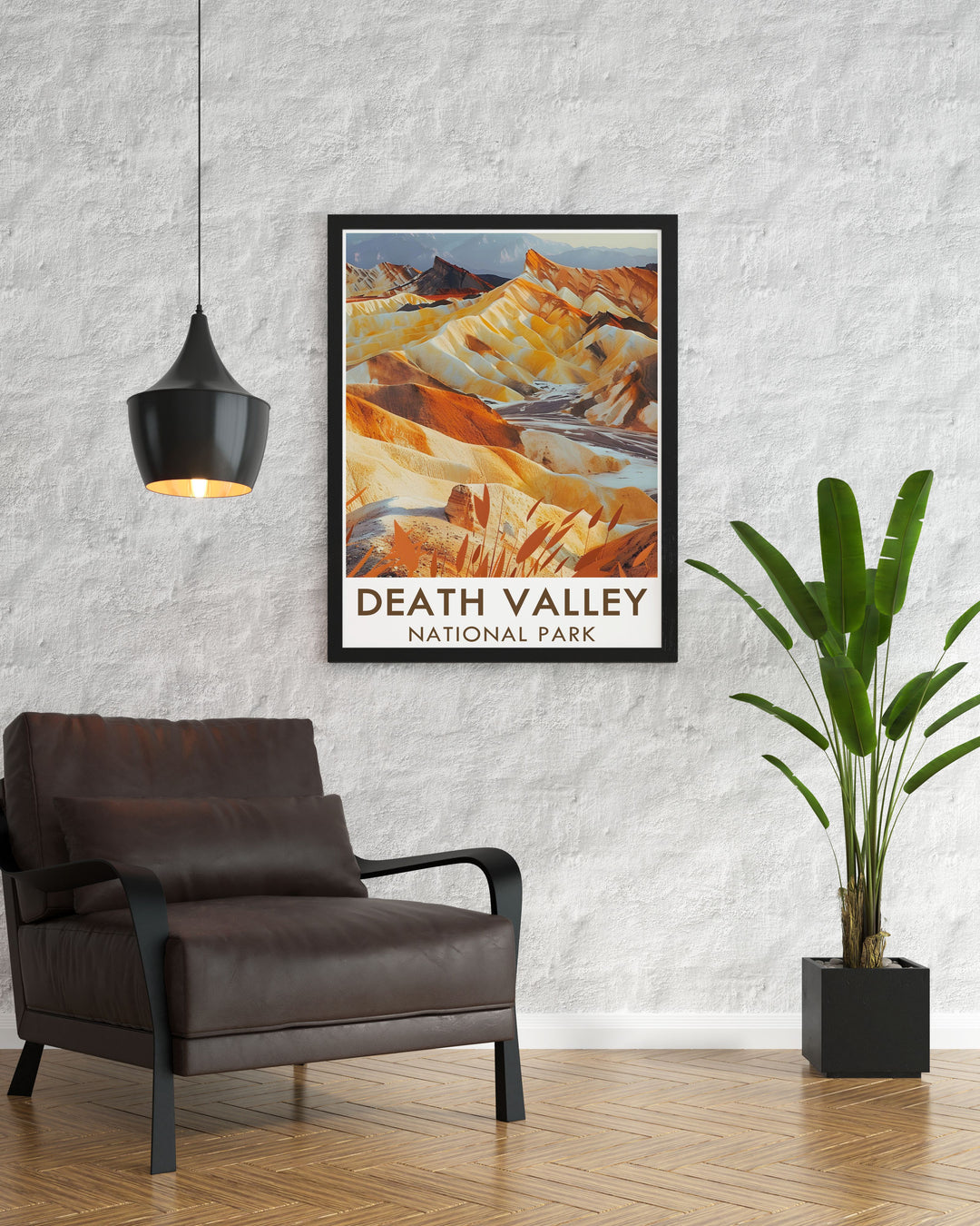 A detailed print of Death Valley National Park showcasing the expansive desert landscape and the iconic Zabriskie Point, perfect for nature enthusiasts and those who appreciate unique geological features.