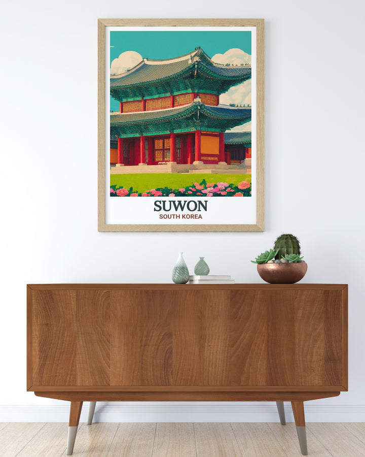 Suwons Hwaseong Haenggung Palace comes to life in this beautiful South Korea travel poster. The colorful artwork captures the palaces historical charm, offering a perfect addition to your home or office décor.