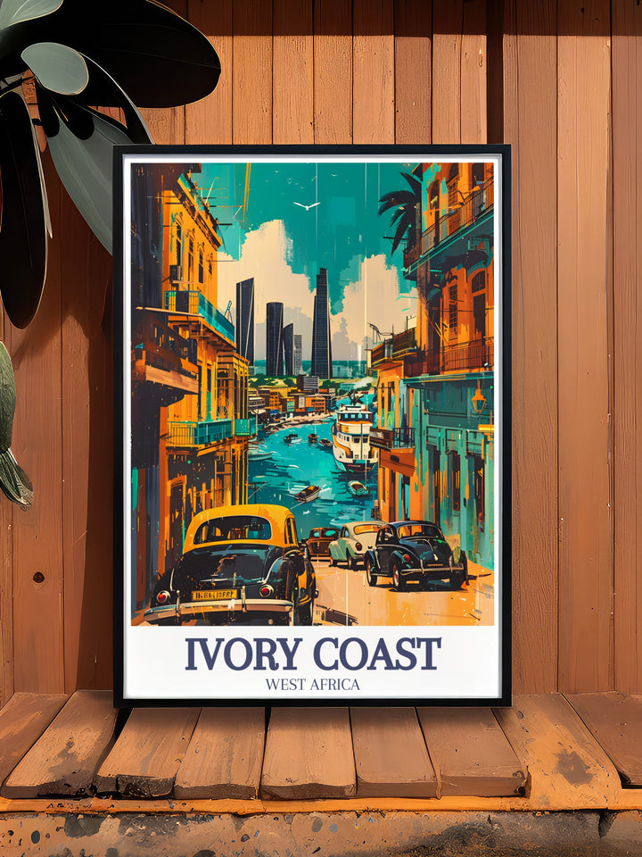 Ivory Coasts vibrant energy is beautifully captured in this vintage style travel poster, focusing on the modernity of Abidjans Plateau district. A must have for anyone passionate about African cities and culture, this artwork offers a dynamic glimpse into the heart of Ivory Coast.