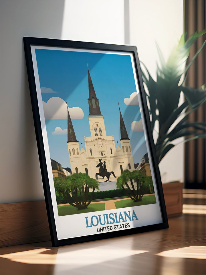 A stunning wall art print of St. Louis Cathedral in New Orleans, Louisiana. This piece emphasizes the cathedrals iconic design and the lively spirit of the surrounding area, perfect for those who want to bring a piece of Louisianas rich history into their homes.