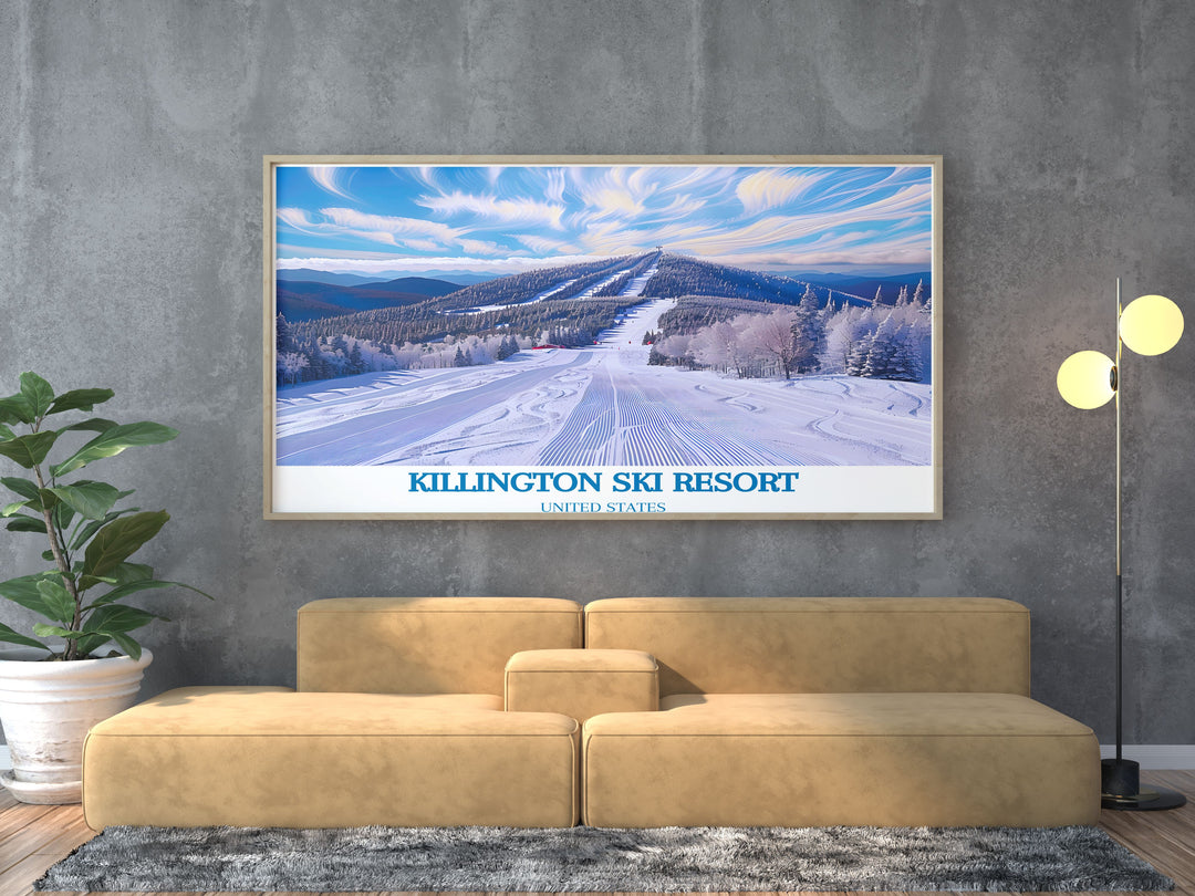 Beautiful view of Killington Peak with its snow covered slopes and skiers carving down the mountainside. The artwork captures the thrill of skiing and the pristine beauty of the winter landscape. Perfect for adding a touch of alpine adventure and mountain charm to your living space or office decor.