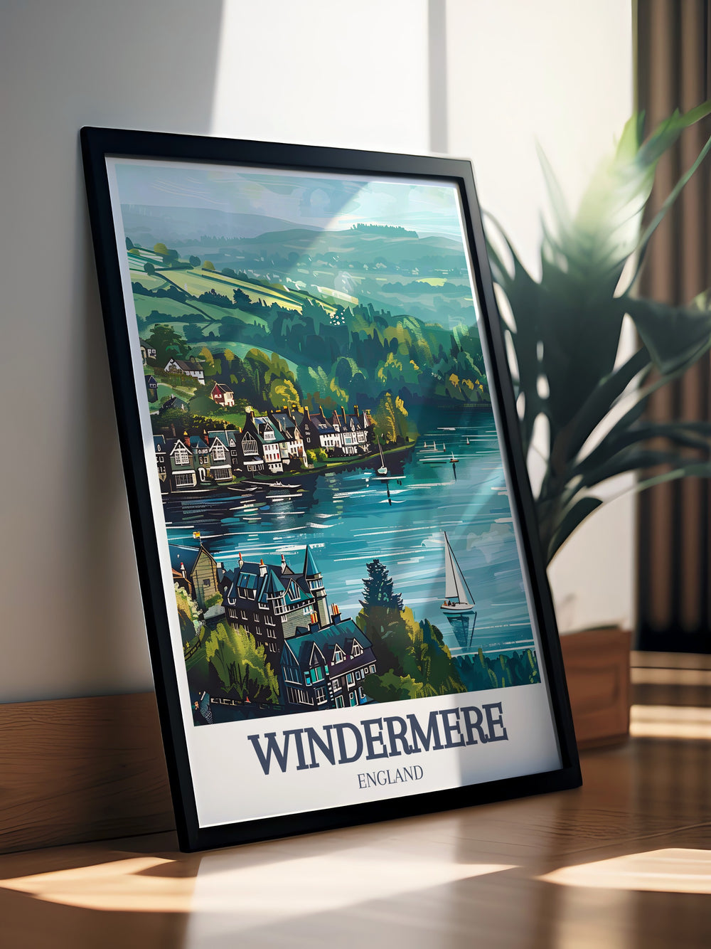 Bowness on Windermere Orrest Head modern art print displaying serene Lake Windermere views perfect for stunning living room decor and wall art