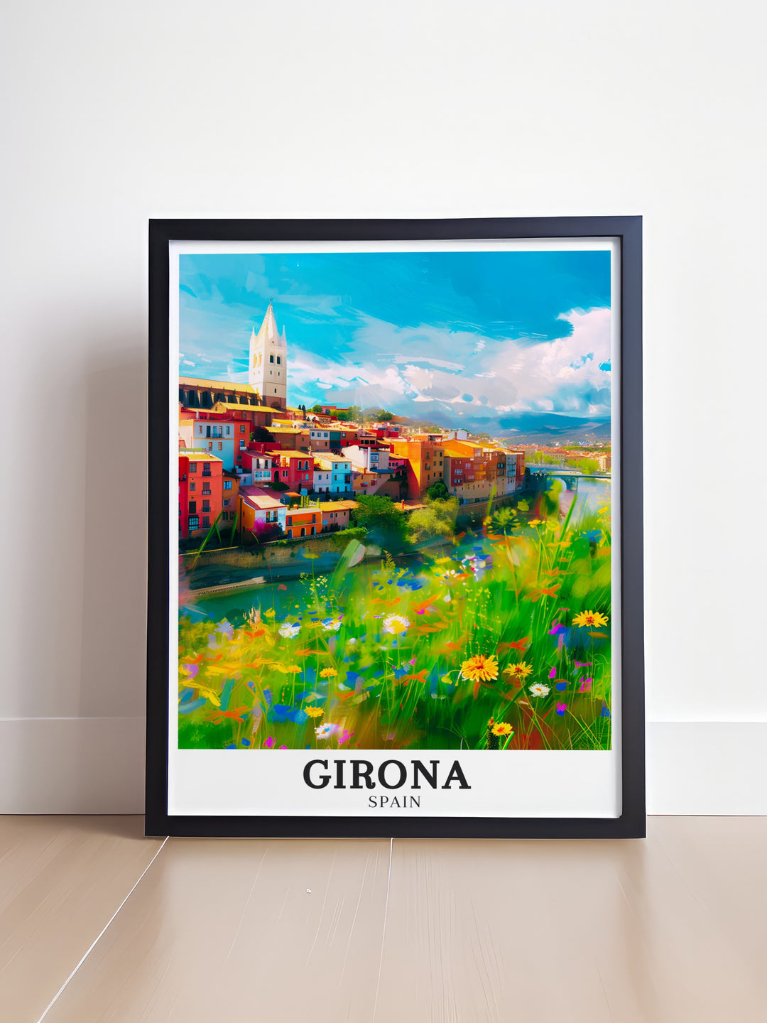 High quality Spain artwork of Girona, showcasing the Girona Cathedral and the Onyar River. The print highlights the Gothic splendor of the cathedral and the serene beauty of the river, making it a timeless addition to any art collection or home decor