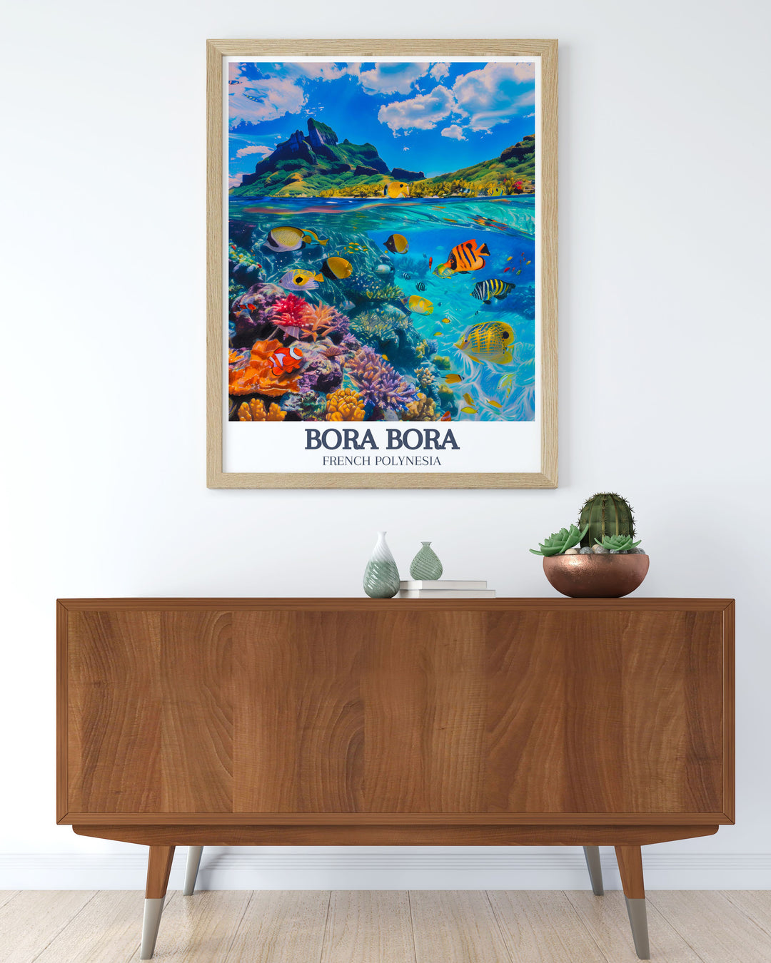Bora Bora Lagoon Coral Gardens wall art brings the tranquility of Bora Bora into your living space featuring detailed depictions of vibrant underwater worlds this travel print is perfect for enhancing the ambiance of any room with its serene and picturesque scenery.