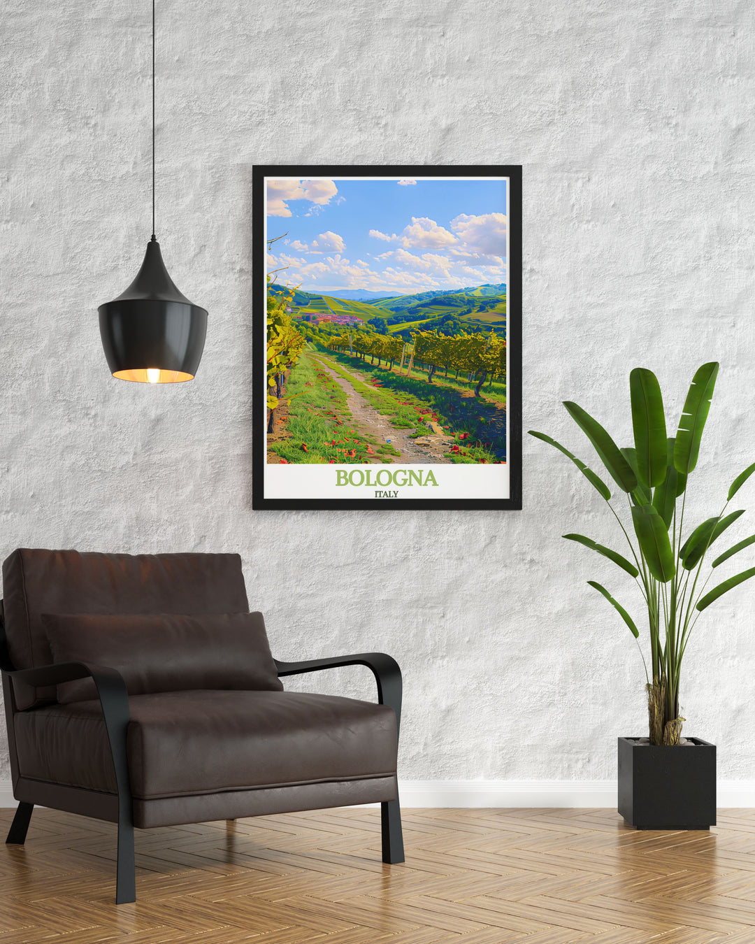 Elegant Bologna wall art depicting the Two Towers and the scenic Colli Bolognesi, showcasing the citys urban charm and rural tranquility. Perfect for adding sophistication to any room.