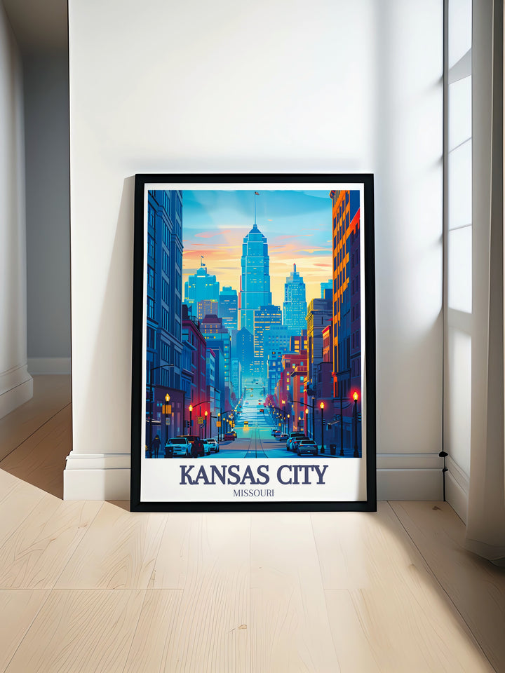 Kansas City framed art showcasing the intricate details of Main Street and the city skyline. This travel poster is perfect for urban enthusiasts and Missouri natives looking to celebrate their love for Kansas City through art.