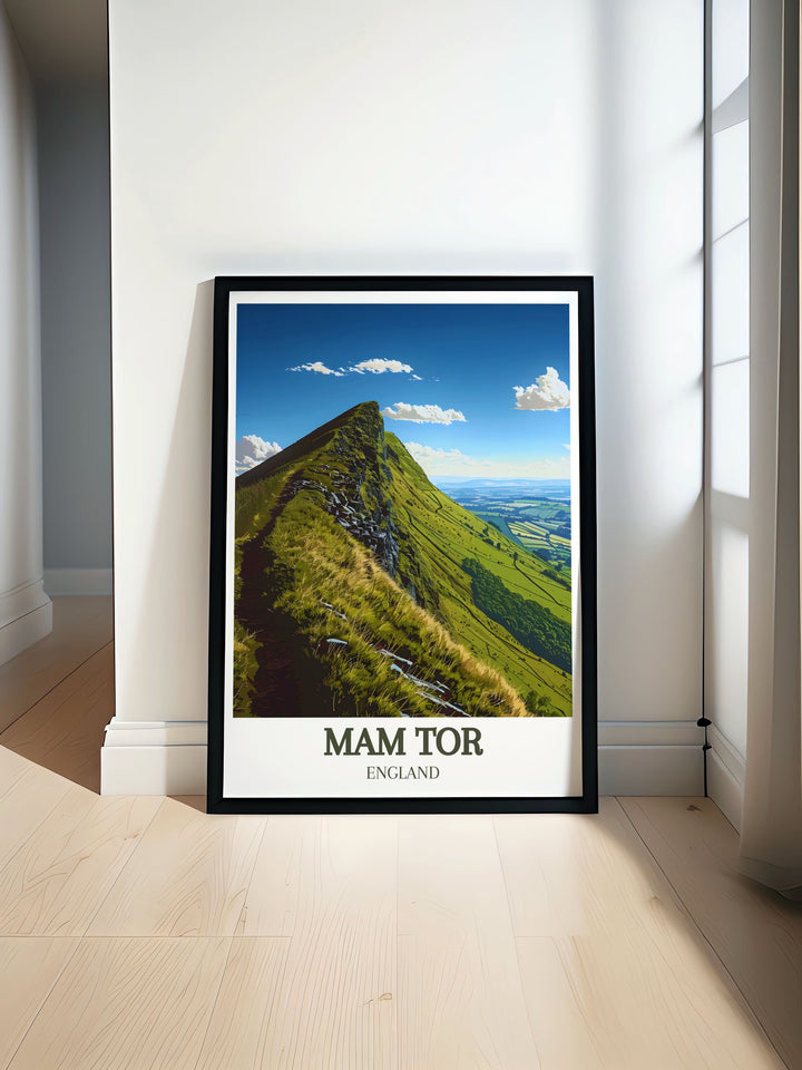 Mam Tor summit vintage travel print showcasing the scenic Great Ridge peaks and Derbyshire landscape ideal for home decor or as a hiking trail gift perfect for nature enthusiasts and adventure seekers