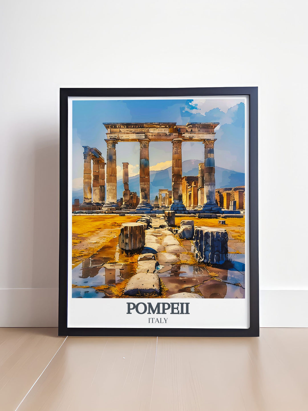 Pompeii travel art depicting Temple of Apollo Doric Columns and Mount Vesuvius an elegant home decor piece ideal for Italy travel print.