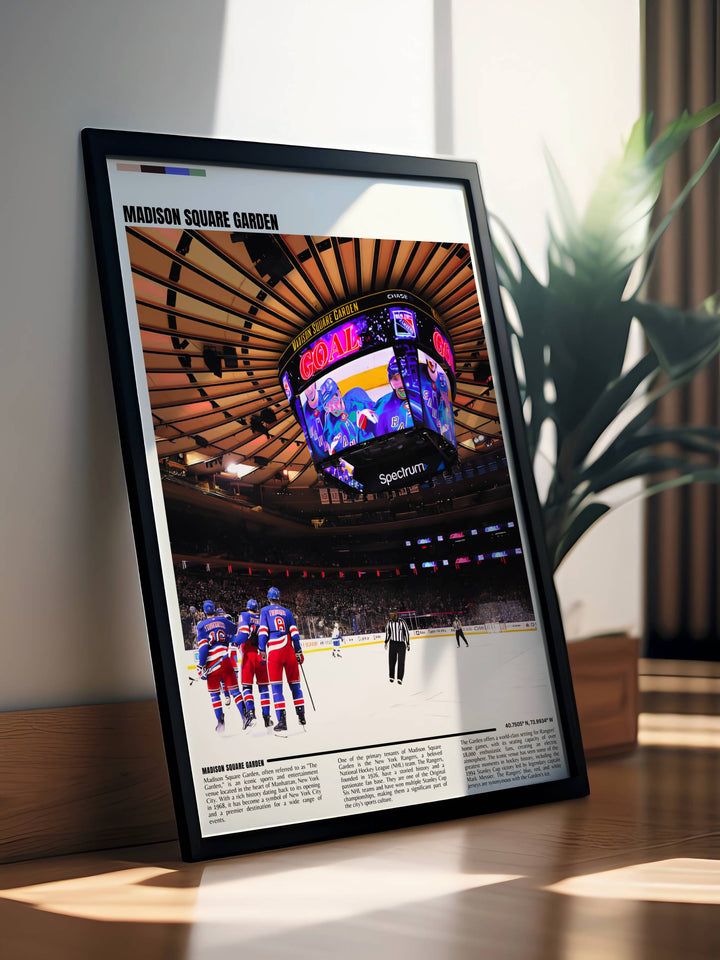 Retro Rangers Art Poster capturing the excitement of New York Rangers games with Jacob Trouba Filip Chytil Jimmy Vesey and Ryan Lindgren a great addition to Madison Square Garden inspired decor