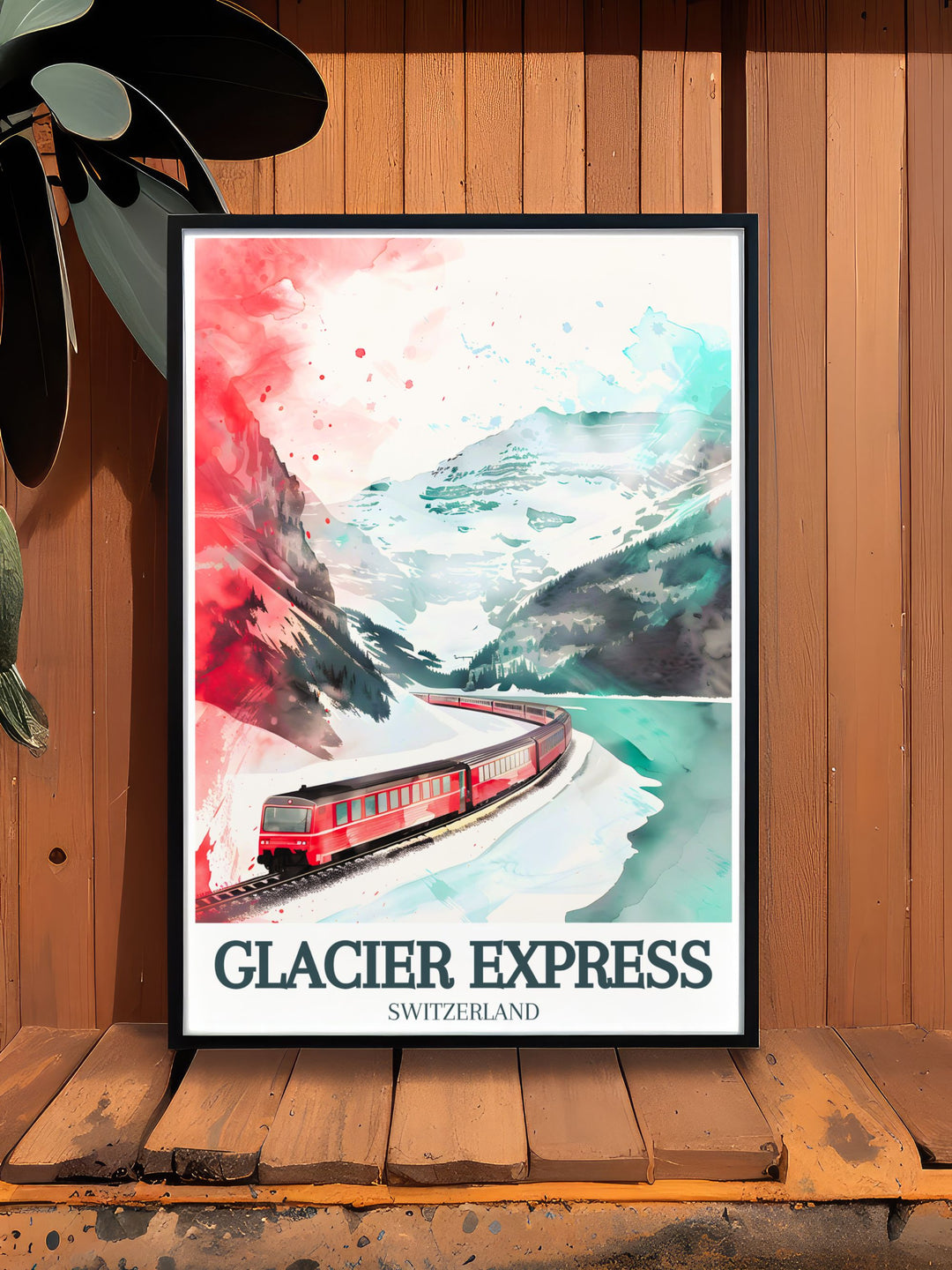 The Glacier Express train Oberalp Pass travel poster is a perfect wall decor capturing the essence of Swiss tourism and the breathtaking landscapes of the Swiss Alps