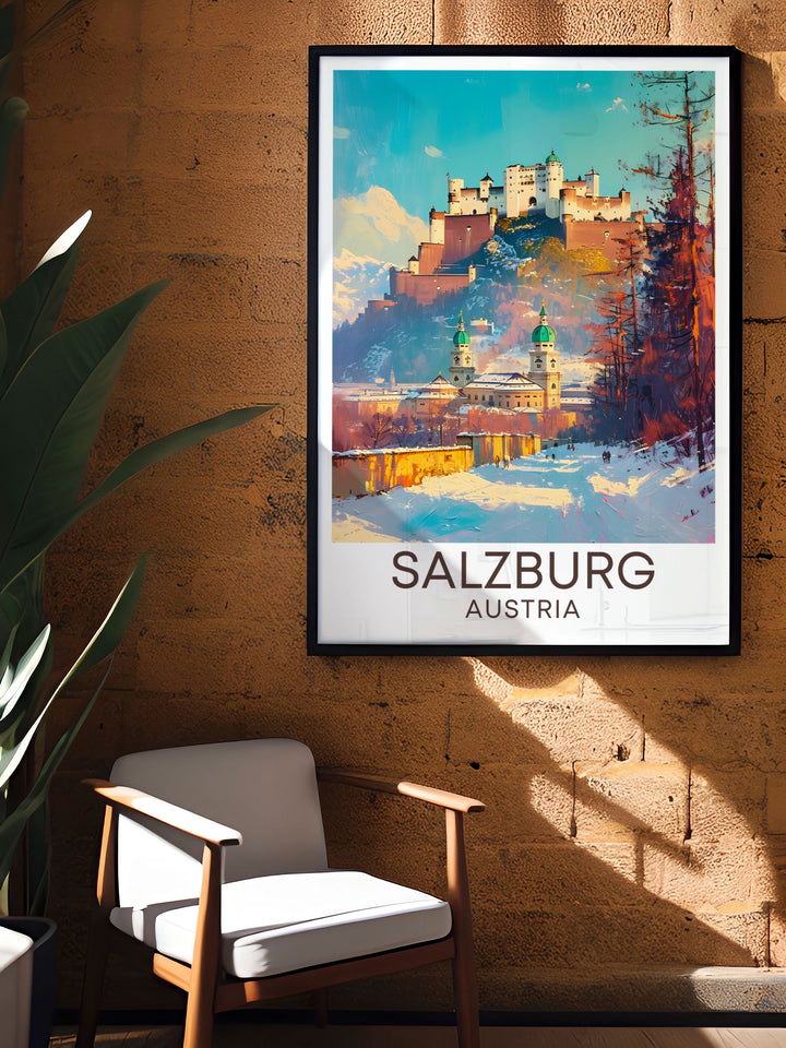 Hohensalzburg Fortress and Zauchensee skiing create a captivating vintage travel print. Perfect for home decor, this piece brings Austrian history and the excitement of skiing to your walls. A must have for travel enthusiasts and art collectors.