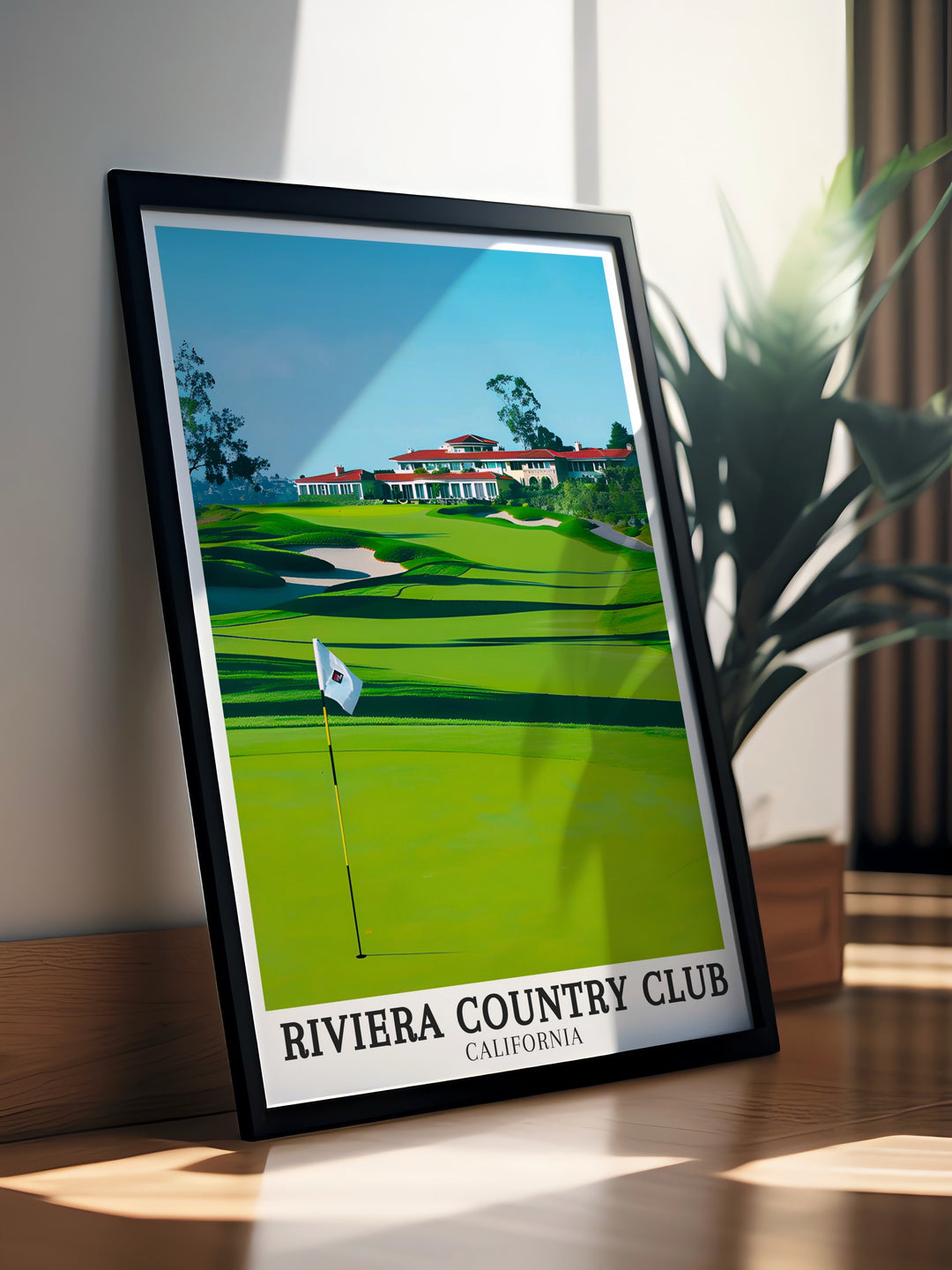 A beautiful art print capturing the essence of Riviera Country Club, set in the serene Pacific Palisades. The poster features the Riviera Club House and offers a perfect gift for golf lovers who appreciate classic golf courses and beautiful scenery.