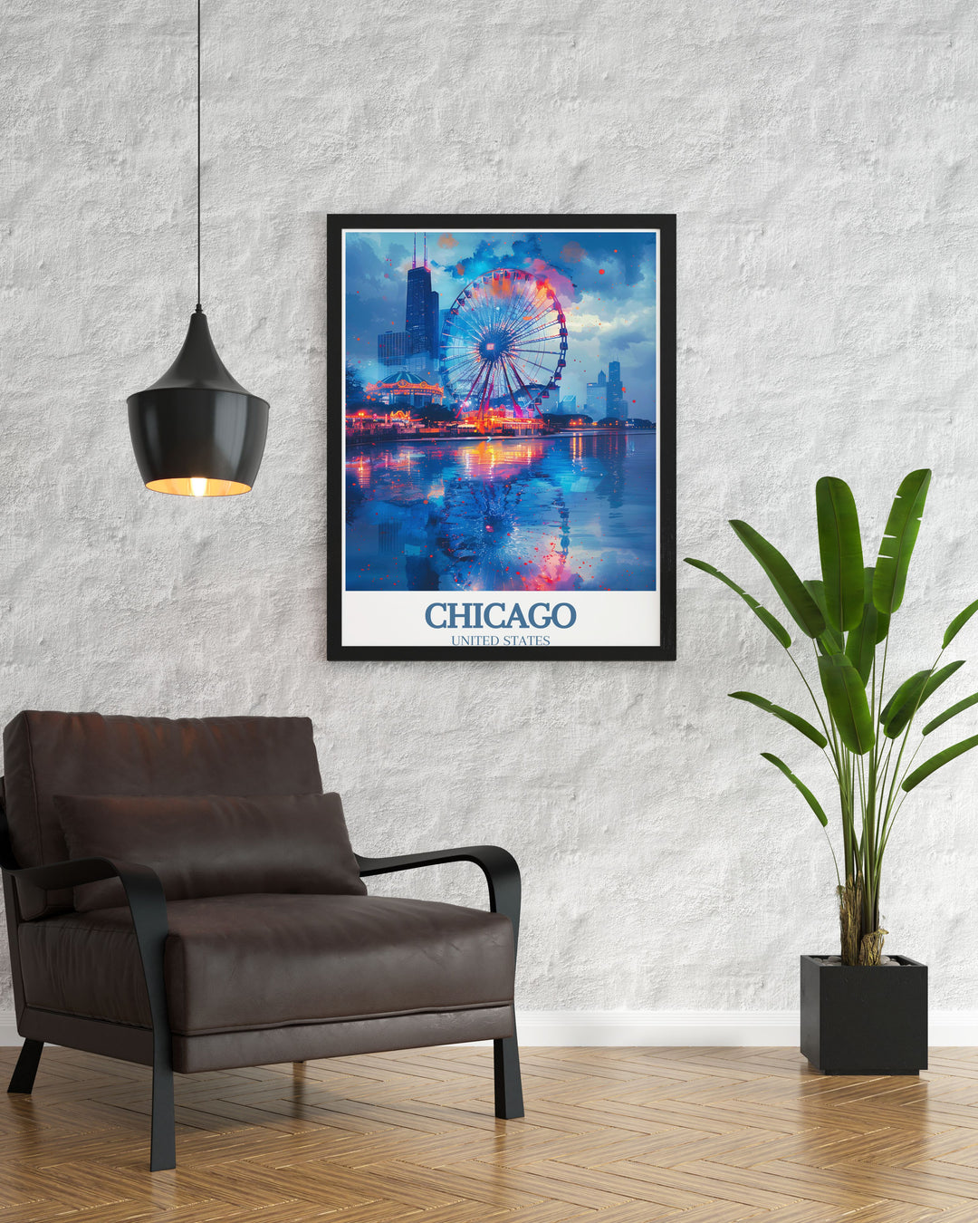 This Chicago travel poster brings the energetic scenes of Navy Pier to life, perfect for those who love urban landscapes. Featuring the towering Centennial Wheel, this travel poster is perfect for those who appreciate Chicagos scenic and cultural richness.