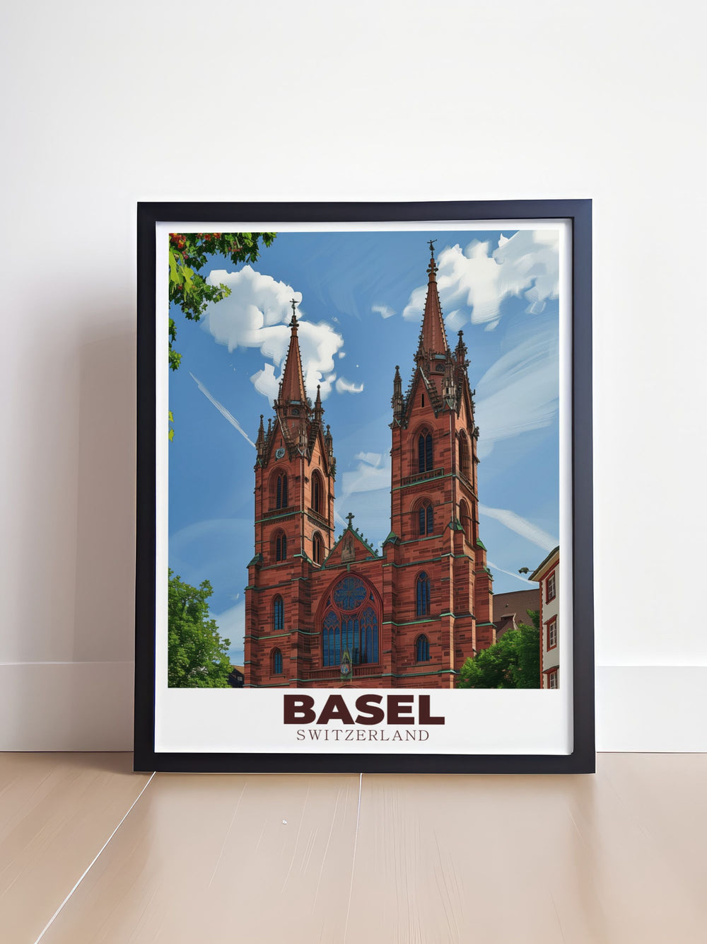 Beautiful Basel Minster framed print capturing the intricate details and vibrant colors of Switzerlands famous cathedral perfect for modern home decor ideal for travelers who love Swiss architecture and culture a thoughtful and unique gift option