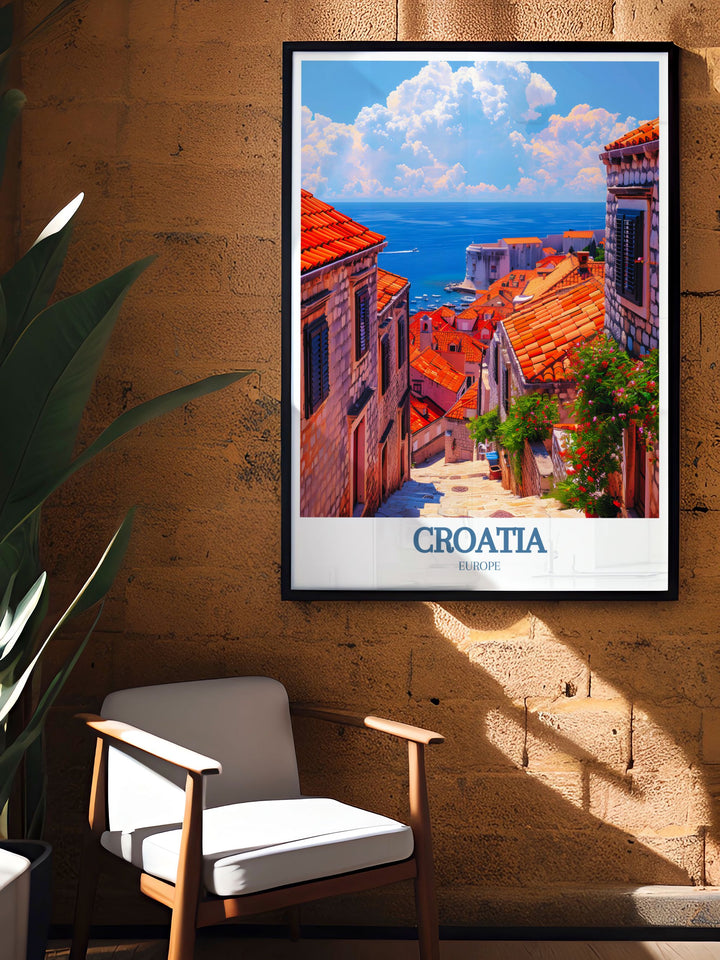 This poster artfully depicts the natural beauty of the Adriatic Sea and the historic landscapes of Split, offering a perfect blend of Croatias coastal and cultural landmarks for your decor.