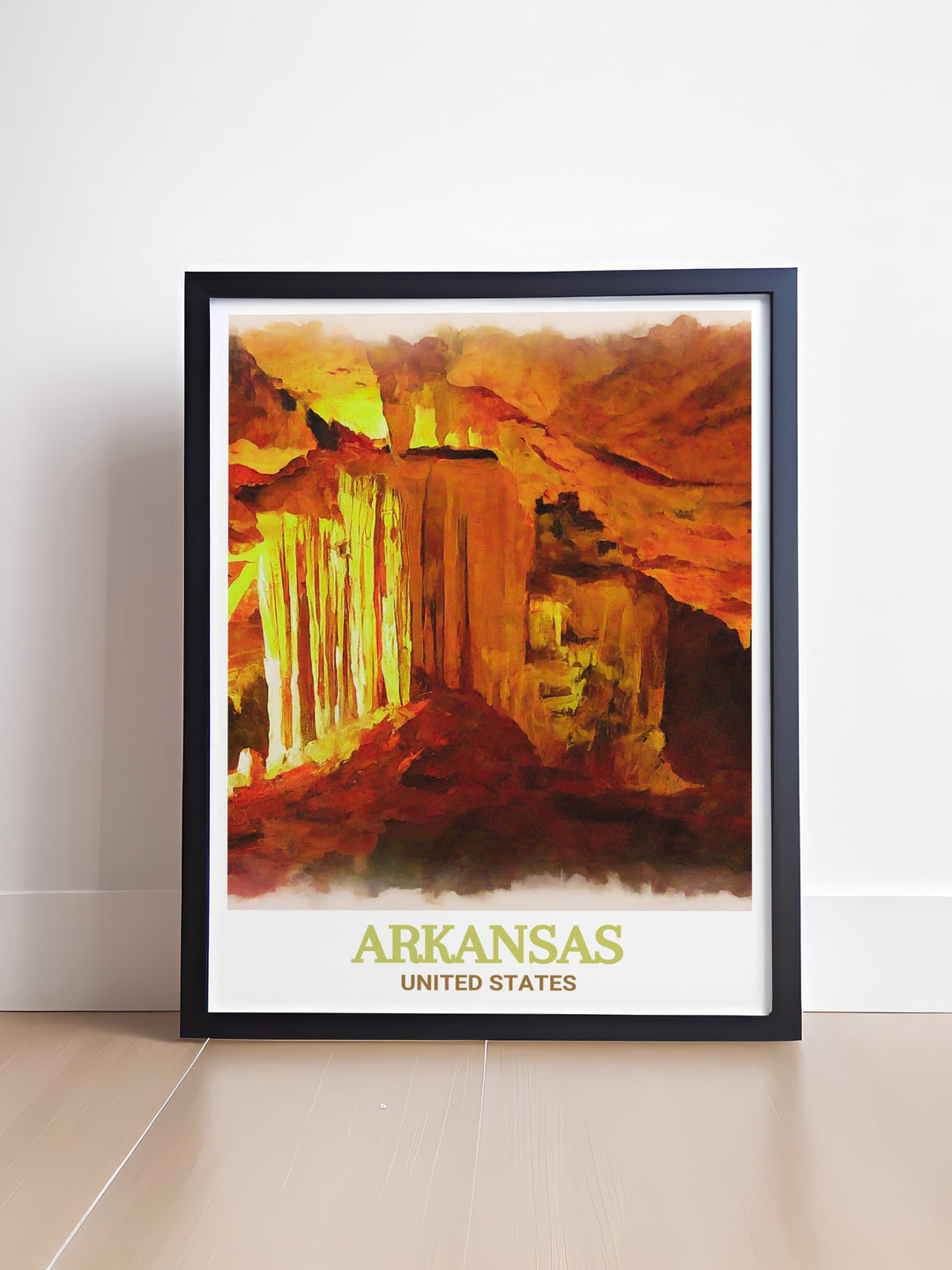 Wall art of Blanchard Springs Caverns, showcasing the breathtaking underground landscapes of Arkansas. This print is designed to bring the awe inspiring beauty of the caverns into your home, serving as a constant reminder of natures wonders.