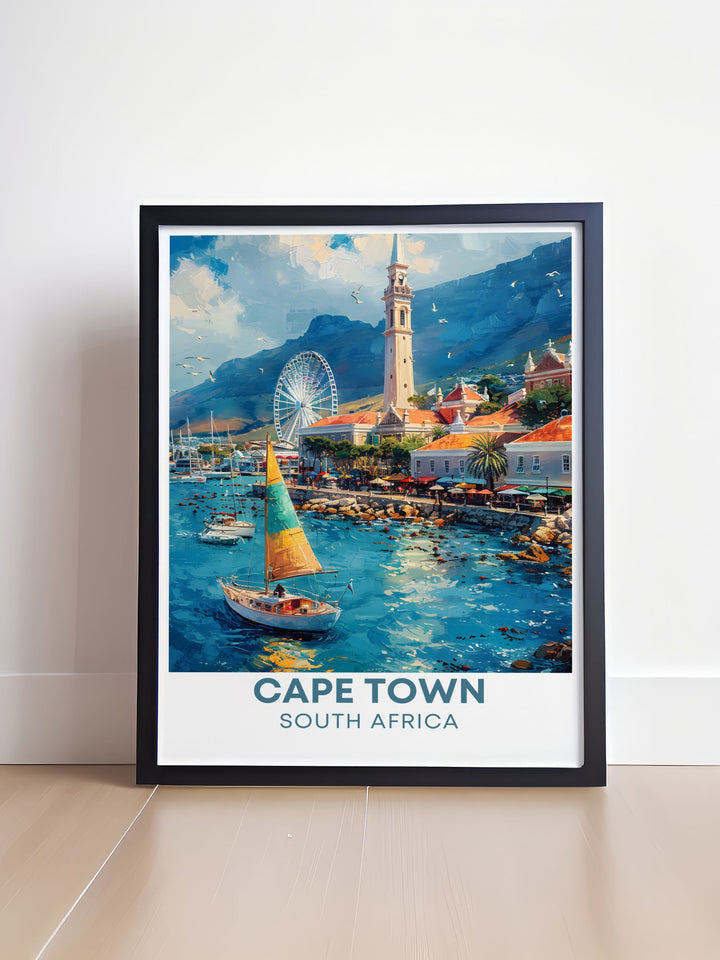 Highlighting the vibrant presence of the Victoria & Alfred Waterfront and the serene beauty of Table Mountain, this travel poster is perfect for those who appreciate the cultural and natural richness of Cape Town.