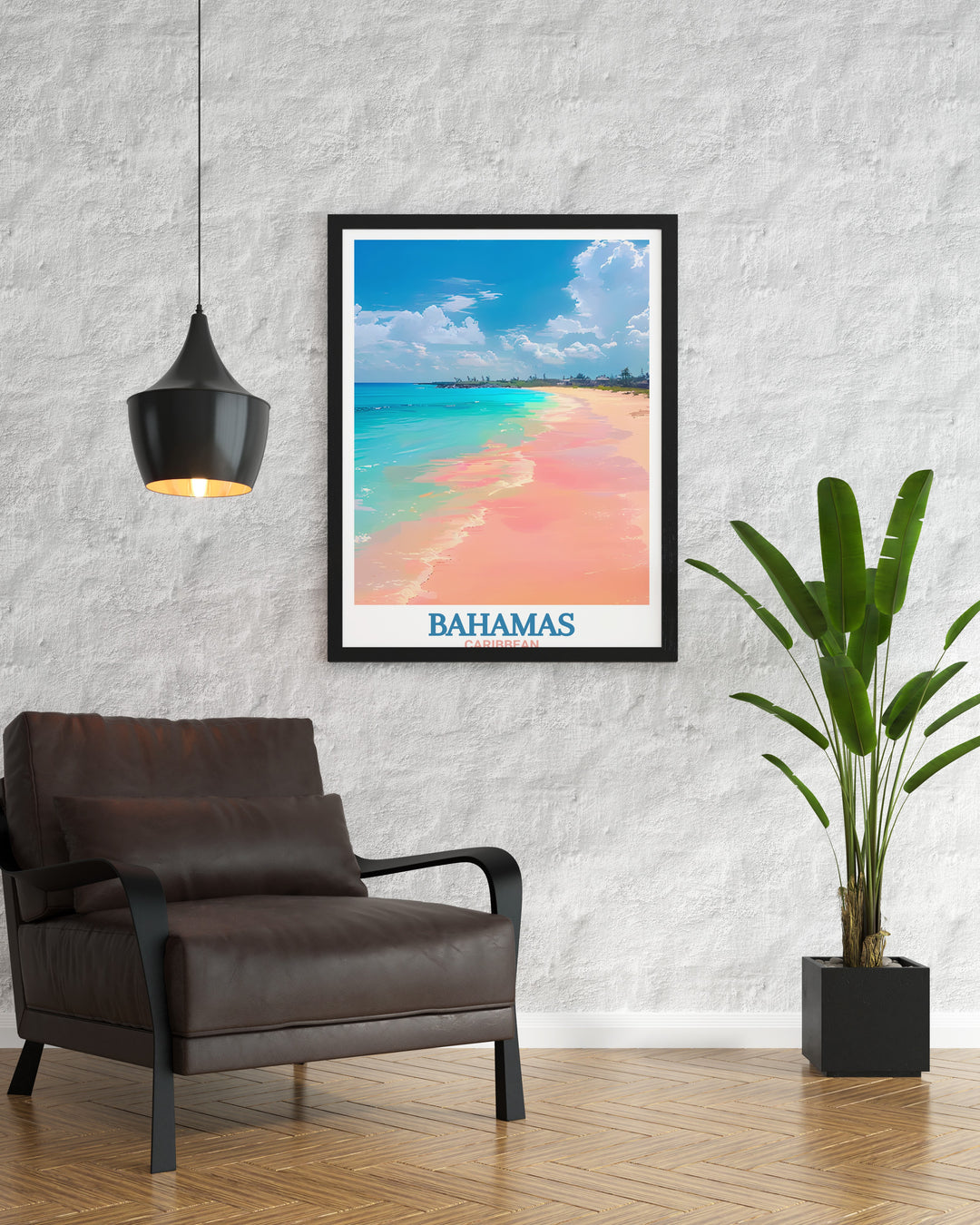 This Bahamas Poster highlights Pink Sands Beachs breathtaking scenery, with its soft pink shoreline and clear blue waters. Perfect as an art print for your home or office, this piece brings the natural beauty of the Caribbean into any space, making it a wonderful gift.