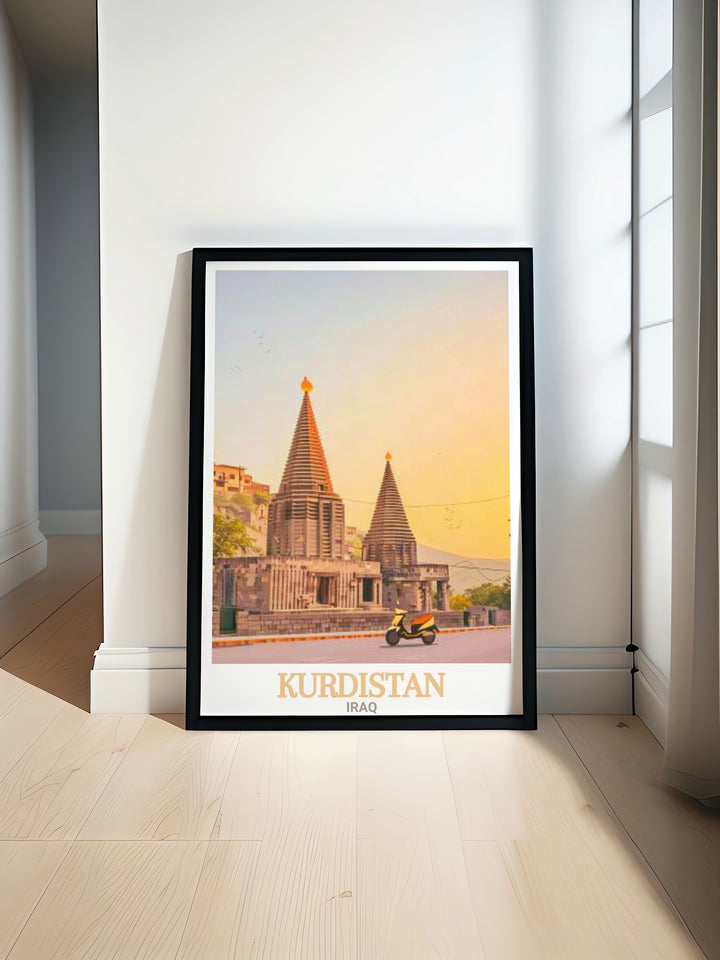 This Lalish Temple travel print celebrates the rich history of Kurdistan in stunning black and white. Its a perfect piece for those who love world travel and unique art that captures the essence of historic landmarks.