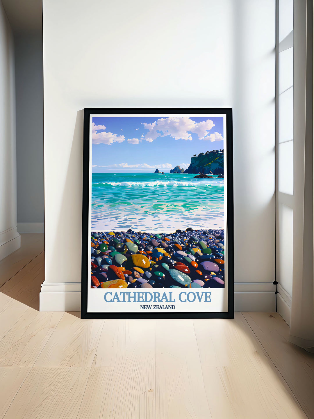 A serene beach scene at Cathedral Cove, where the gentle waves meet the golden sands in a tranquil embrace.