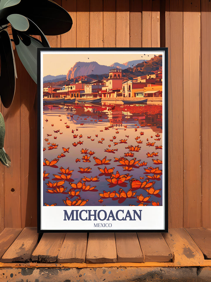 Add a touch of Michoacáns beauty to your home with this travel print featuring the Monarch Butterfly Reserve and Patzcuaro Lake. The vibrant colors and retro design make it a striking piece of wall art, perfect for any room or as a personalized gift for lovers of Mexican culture.