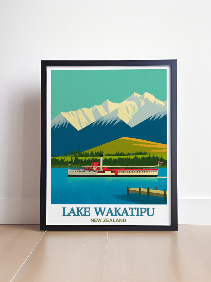 This stunning art print of Lake Wakatipu and The Remarkables highlights the unique beauty of New Zealands landscape. Ideal for home décor or gifting, this travel poster brings the iconic scenery of Queenstown into your living space.