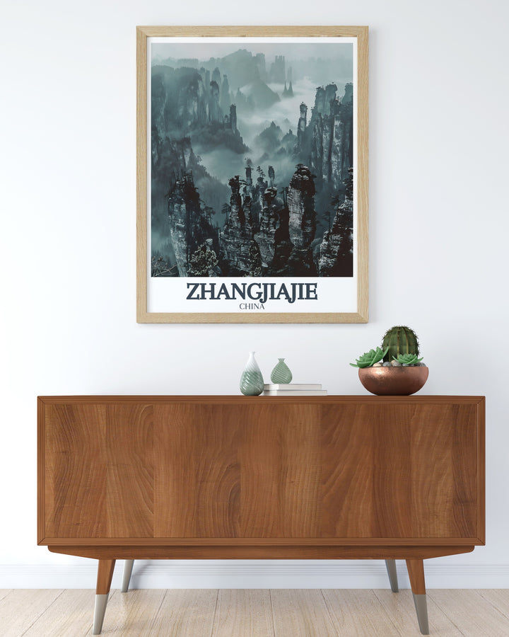 A detailed travel print of Zhangjiajie Grand Canyon, featuring the majestic rock formations that rise above the clouds. This wall art offers a unique view of one of Chinas most iconic natural wonders, perfect for adding a sense of tranquility and grandeur to any room. A must have for those who appreciate natural beauty and travel art.