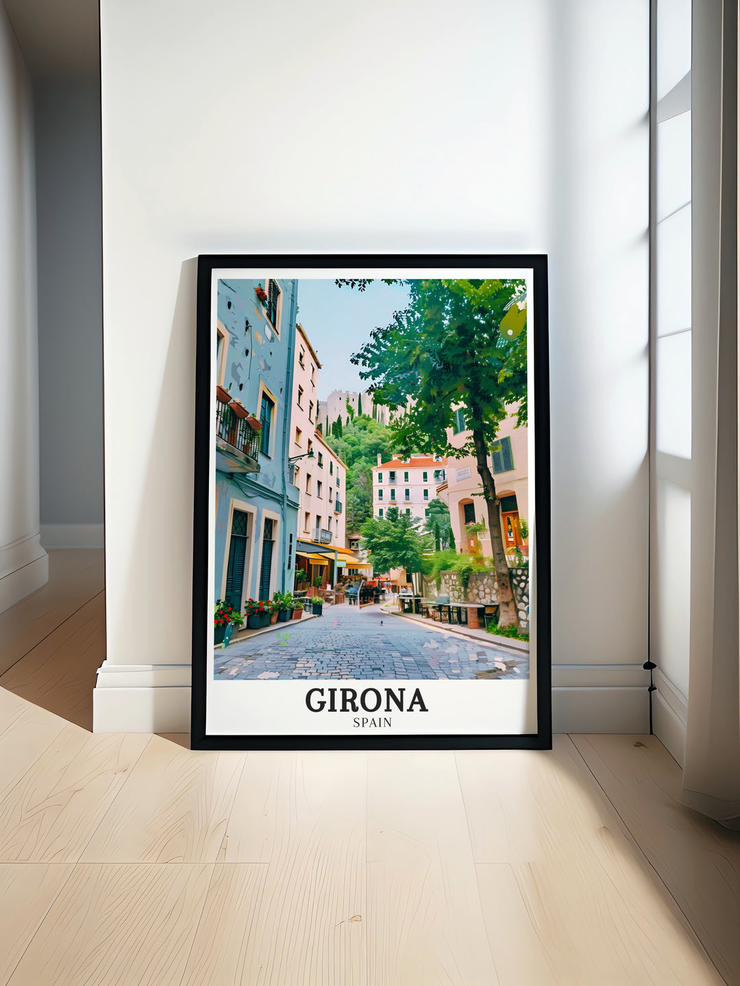 High quality Spain artwork of Girona, showcasing the historic Old Town in Catalonia. The print highlights the unique blend of architectural styles and the cultural richness of this ancient district, making it a timeless addition to any art collection or home decor