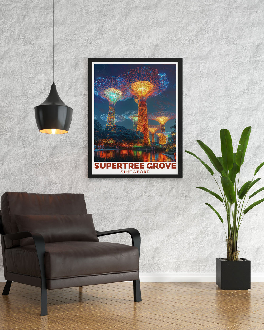 Supertree Grove Travel Poster featuring a glowing nighttime scene in Singapore. Perfect for wall decor this art print adds a sense of wonder and sophistication to any room. Ideal as a unique gift for travelers and art lovers.