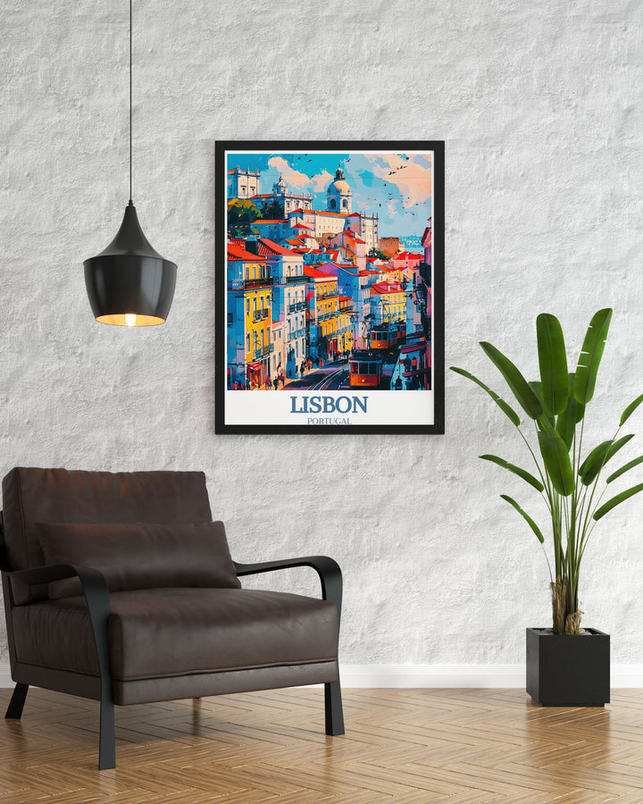 The Portugal Wall Art collection includes a stunning Framed Print of Chiado District Santa Justa Lift perfect for creating an elegant and inviting living space with its beautiful portrayal of Lisbons scenic views