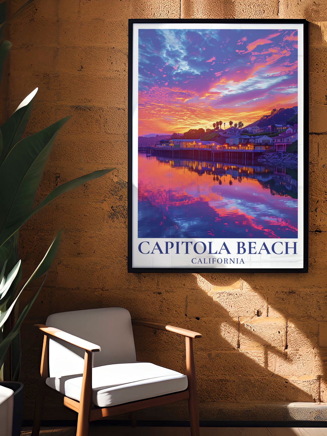 Unique Sunset over Capitola Wharf Poster featuring the Wharf scene bathed in stunning shades of orange and pink perfect for adding coastal charm to your space suitable for various decor styles from contemporary to classic