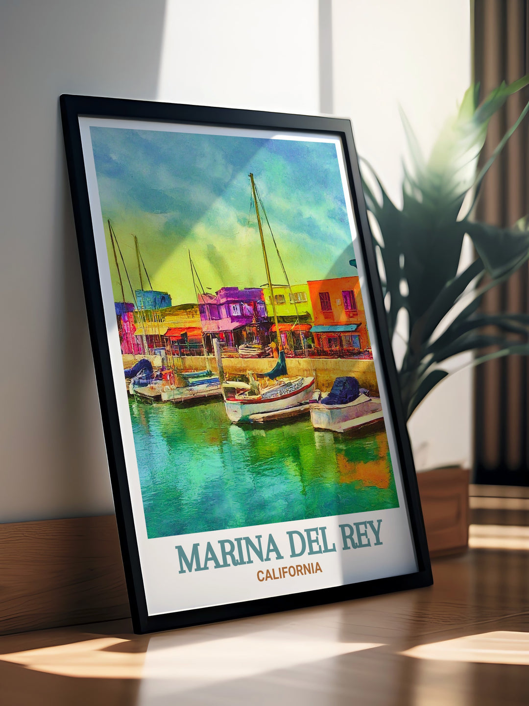 Marina del Rey wall art poster showcasing a colorful city map with intricate fine line details. Fishermans Village is beautifully depicted adding a coastal charm to this modern art print suitable for any home decor or gift giving occasion.