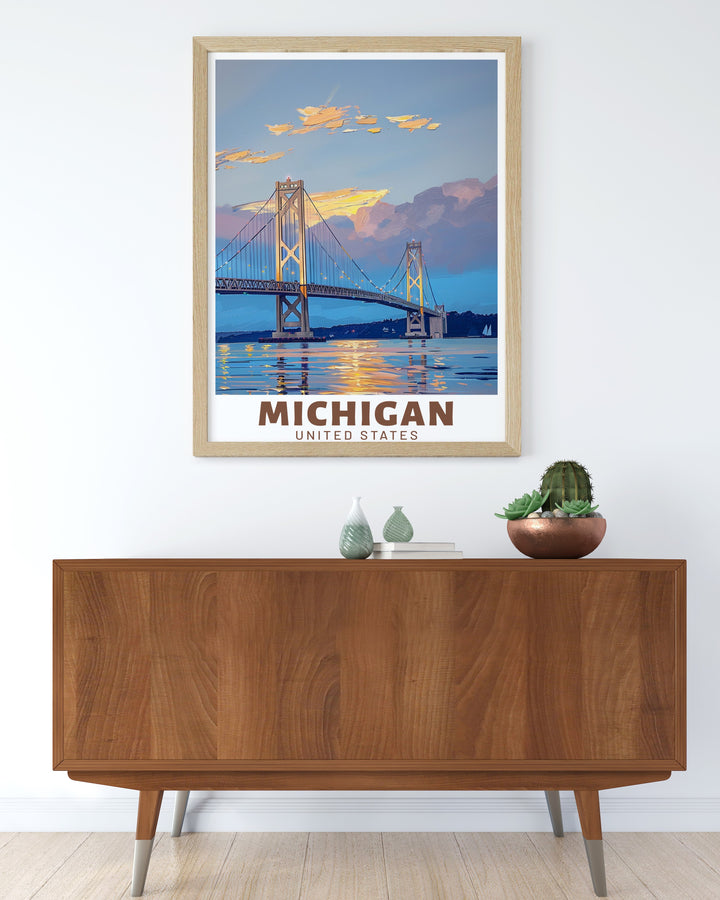 This framed art of Michigans Mackinac Bridge and Leelanau is a perfect way to capture the beauty of the states most beloved landmarks. The bright, vintage design makes it a great addition to any home or guest space, bringing warmth and nostalgia to your walls.