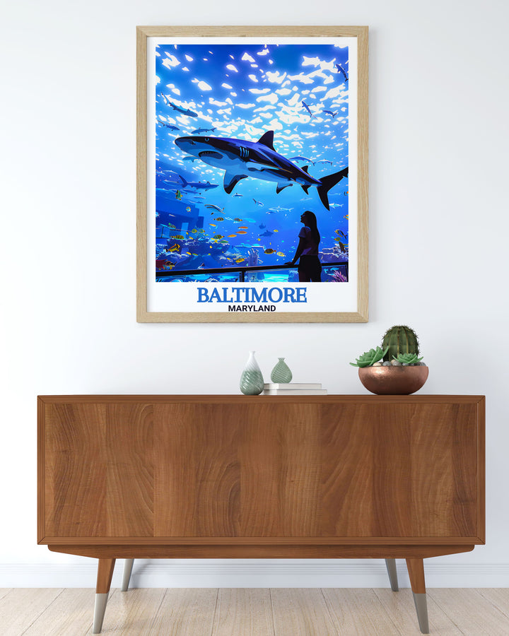 Black and white National Aquarium travel poster showcasing the citys iconic landmarks and marine life an exquisite art print that enhances your home decor with its timeless beauty and sophisticated design perfect for any art collection