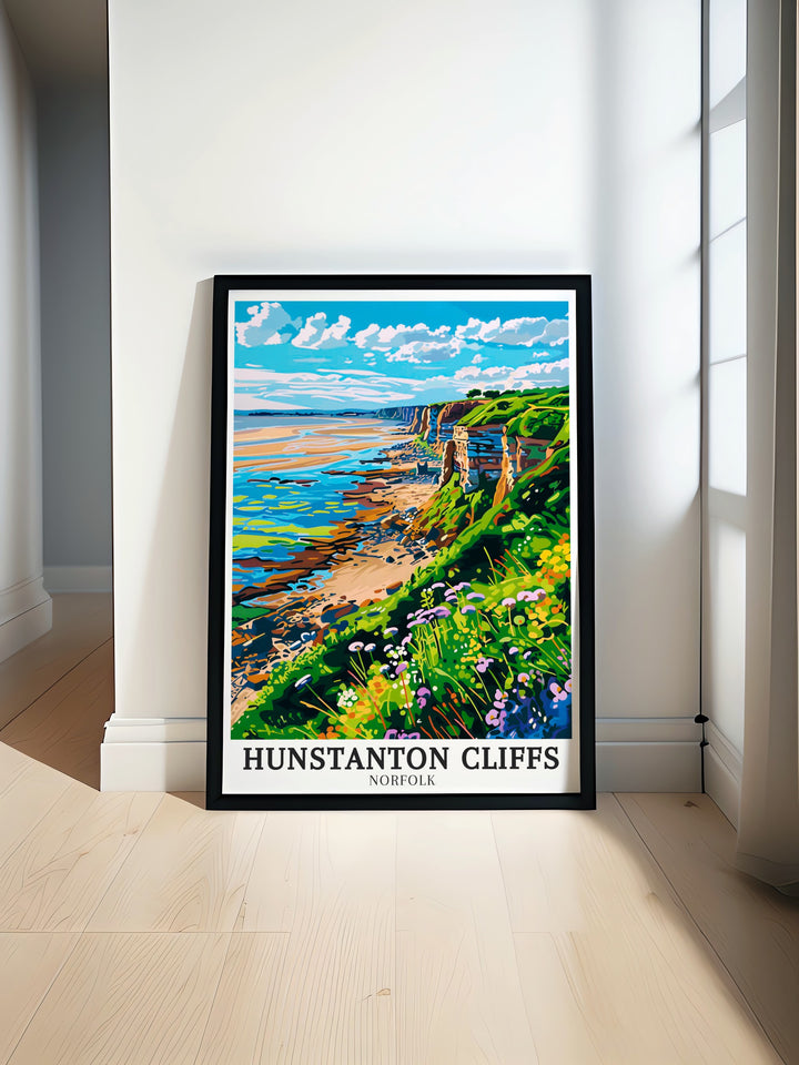 Hunstanton Cliffs poster print capturing the dramatic red and white rock layers that make this coastal landmark one of Englands most unique natural features. This travel print showcases the rugged cliffs against the blue sea, perfect for coastal enthusiasts and those who love Englands shores.