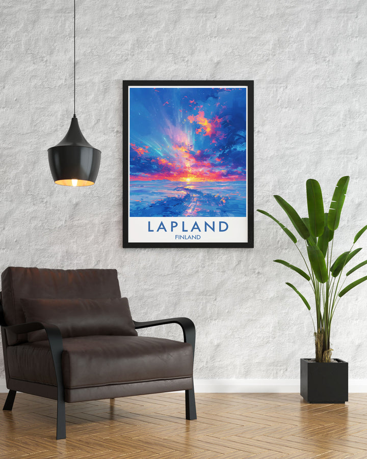 Beautiful Northern Lights Artwork showcasing the magical display of the aurora borealis over Finland perfect for adding a sense of wonder to your wall art collection or as a special gift for friends and family.