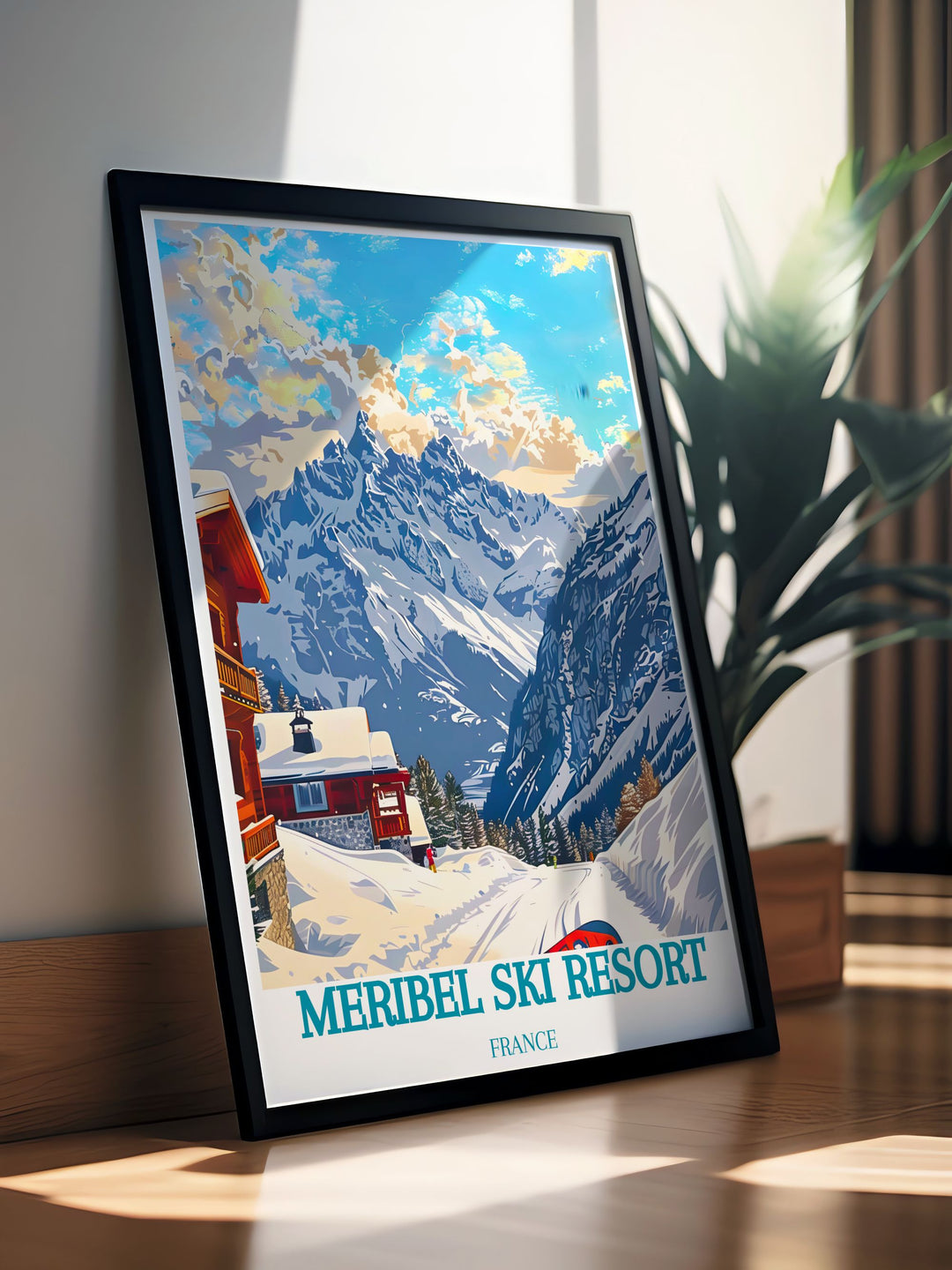 Sophisticated Saulire framed print with a vintage ski theme. This piece highlights the picturesque beauty of Meribel and Mont Vallon, making it a perfect addition to your home decor.