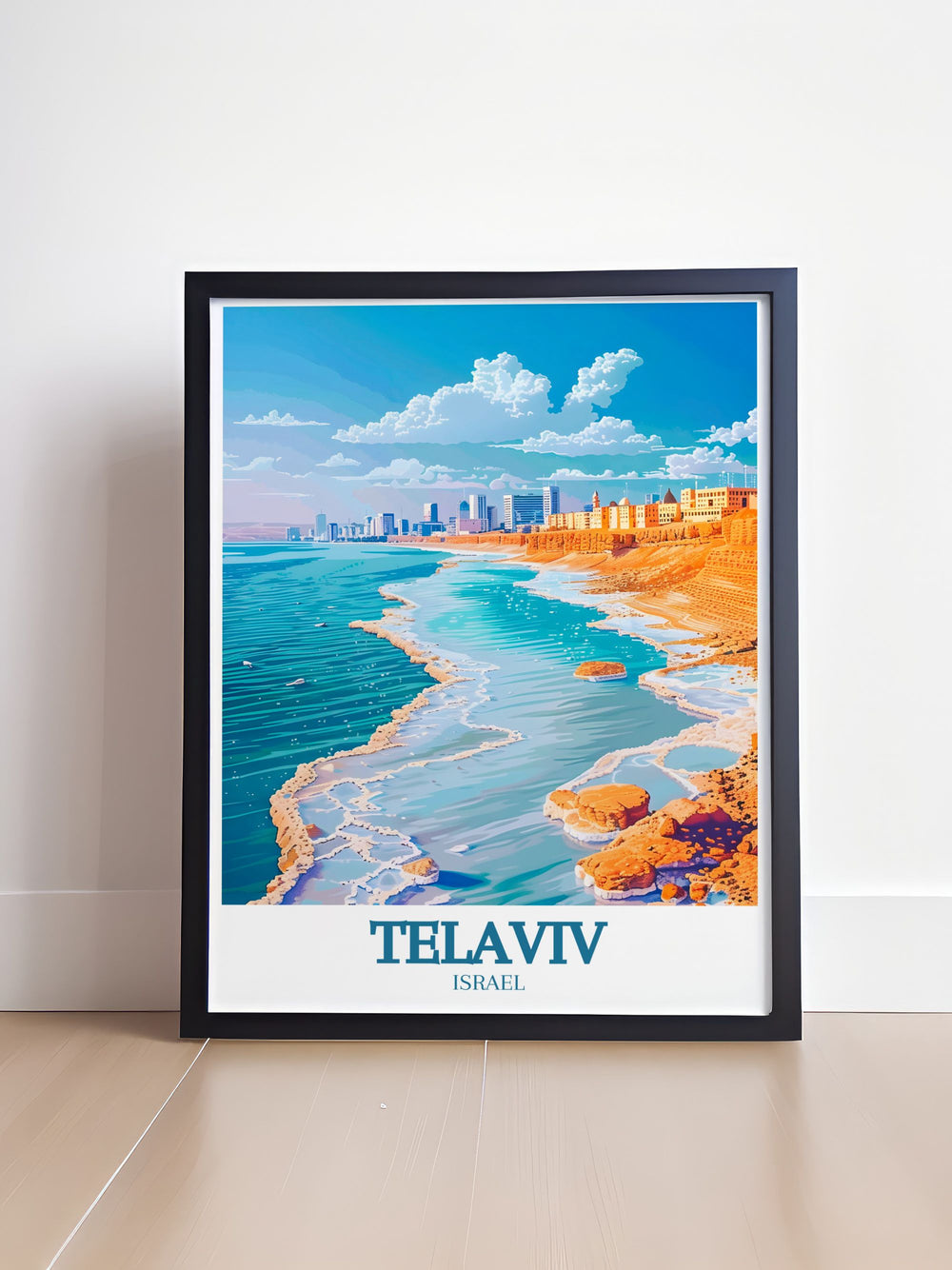 The picturesque Dead Sea in Israel, known for its unique properties and serene beauty, is highlighted in this travel poster. Perfect for those who appreciate natural wonders, this artwork captures the charm of Israels famous salt lake.