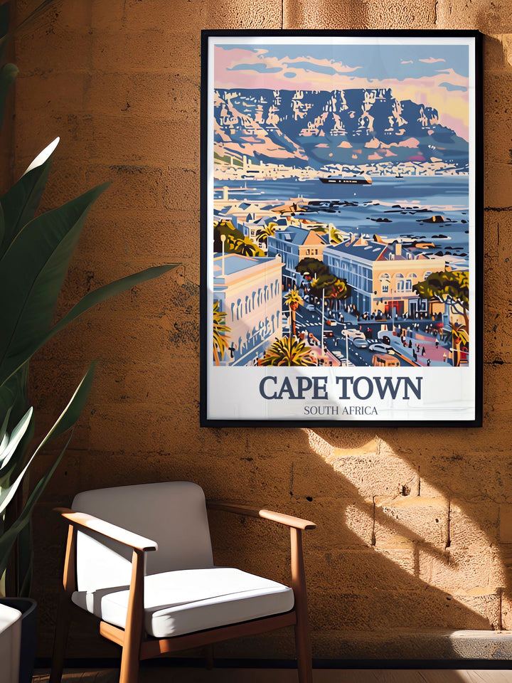 South Africa travel poster highlighting Table Mountain and the stunning Cape of Good Hope. This Cape Town art print is ideal for adding a touch of elegance to your wall decor, making it a must have for fans of South African landscapes.