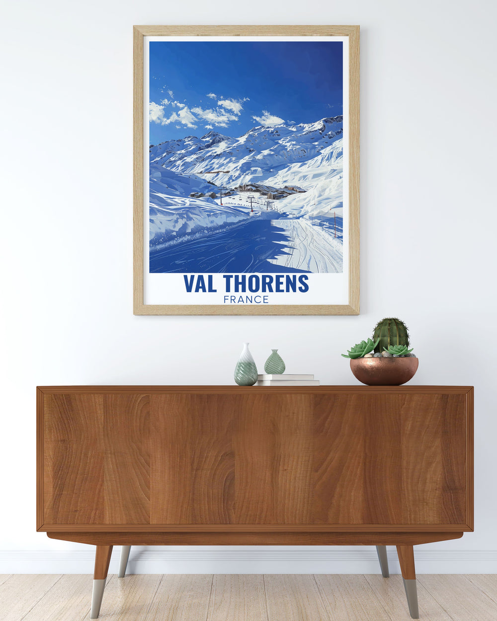 A unique ski resort print of Val Thorens, focusing on the majestic ski slopes of the French Alps. This travel poster is an ideal gift for ski lovers and anyone who appreciates the beauty of alpine landscapes.