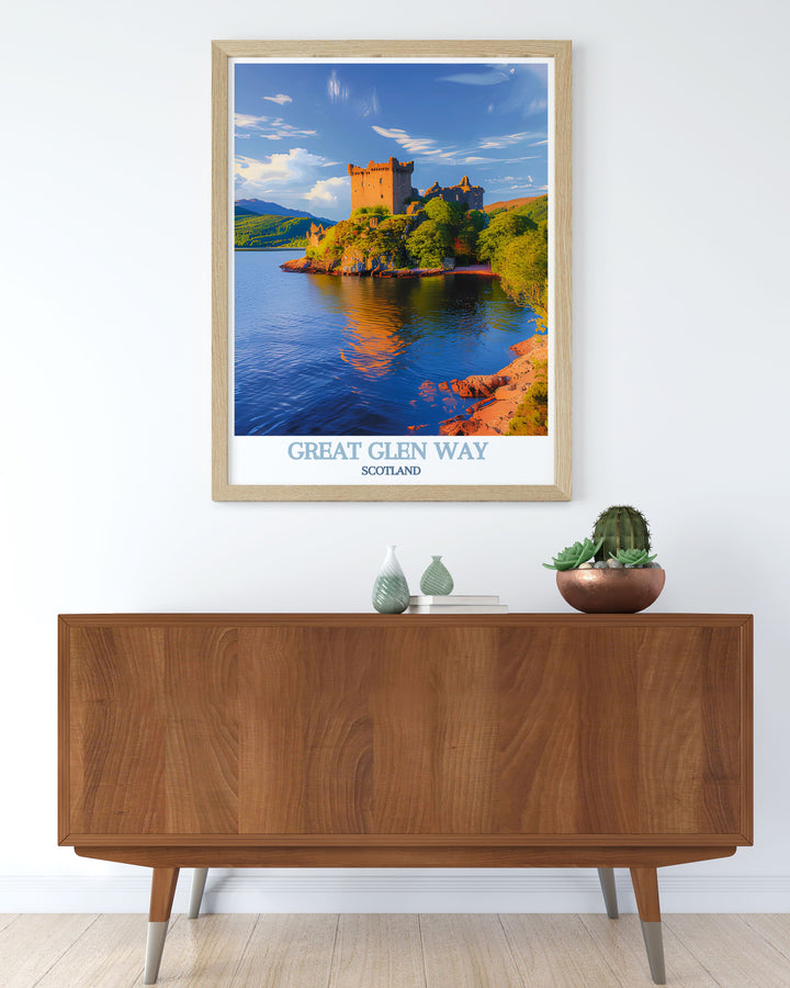 Capturing the essence of the Great Glen Way, this poster highlights the diverse landscapes and historical significance of the Scottish Highlands, ideal for adding a touch of Scotlands charm to any room.