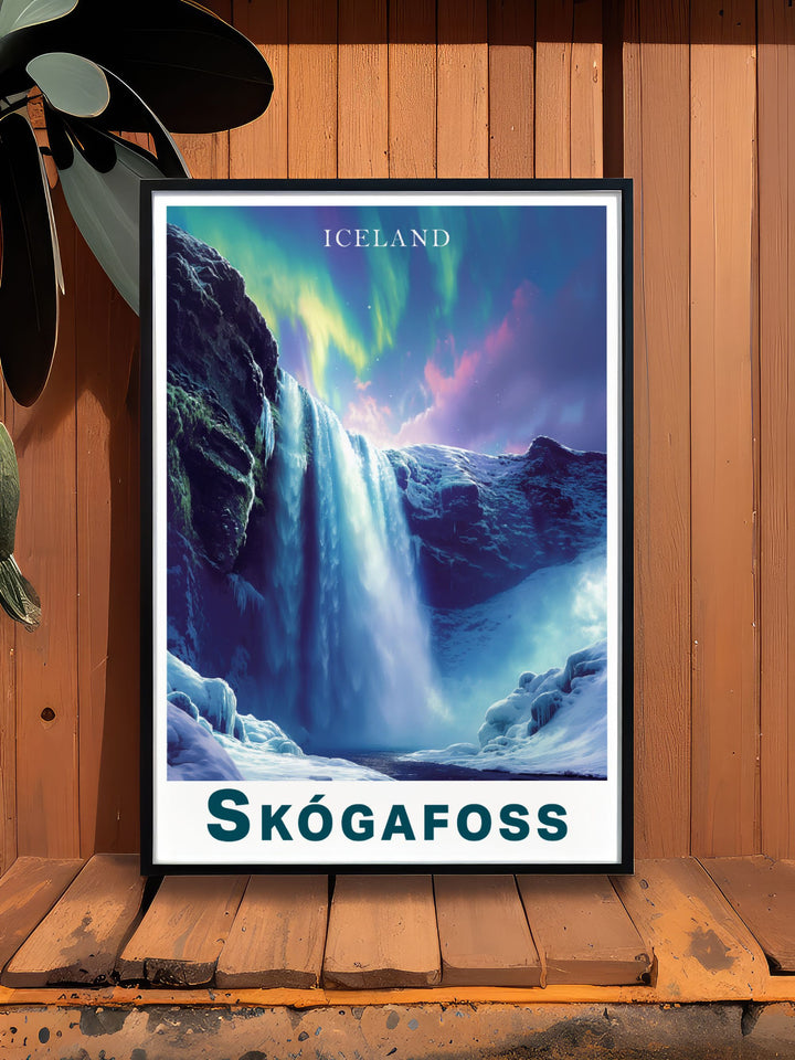 Captivating Skogafoss waterfall northern lights print highlighting the ethereal beauty of Icelands famous waterfall under the mesmerizing northern lights ideal for travel and nature lovers