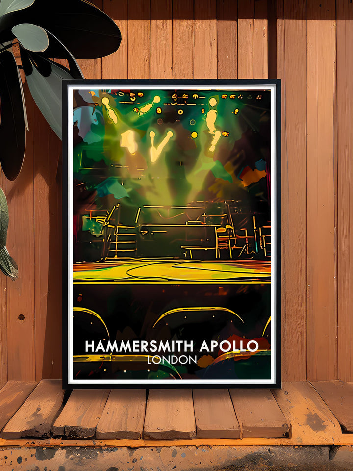 Featuring the lively spirit of Hammersmith Apollo, this travel poster captures the vibrant energy of one of Londons most famous music venues.
