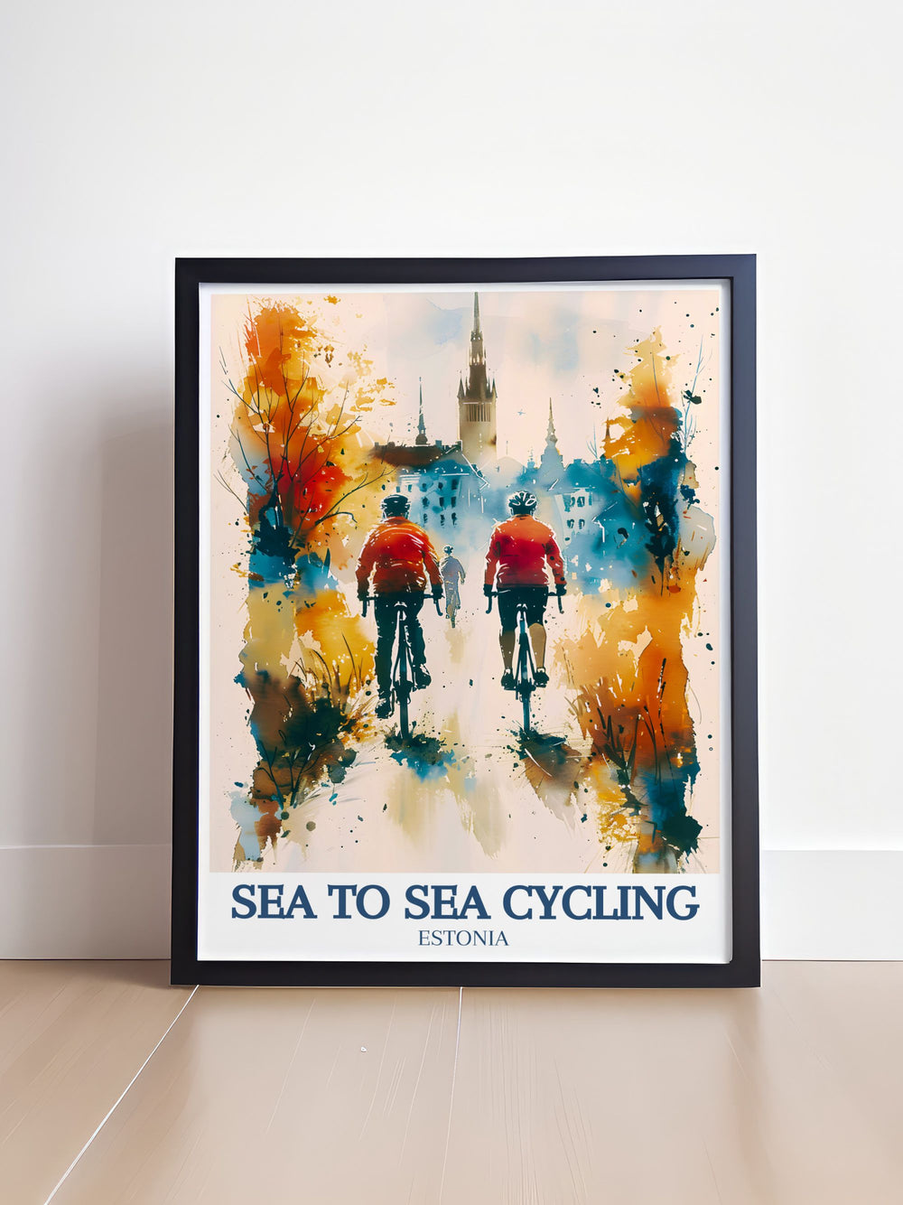 This cycling art print features two iconic routes the Sea to Sea Cycle Route and Tallinns Old Town. Ideal for cyclists and travelers, its a perfect wall decoration for any home or office.