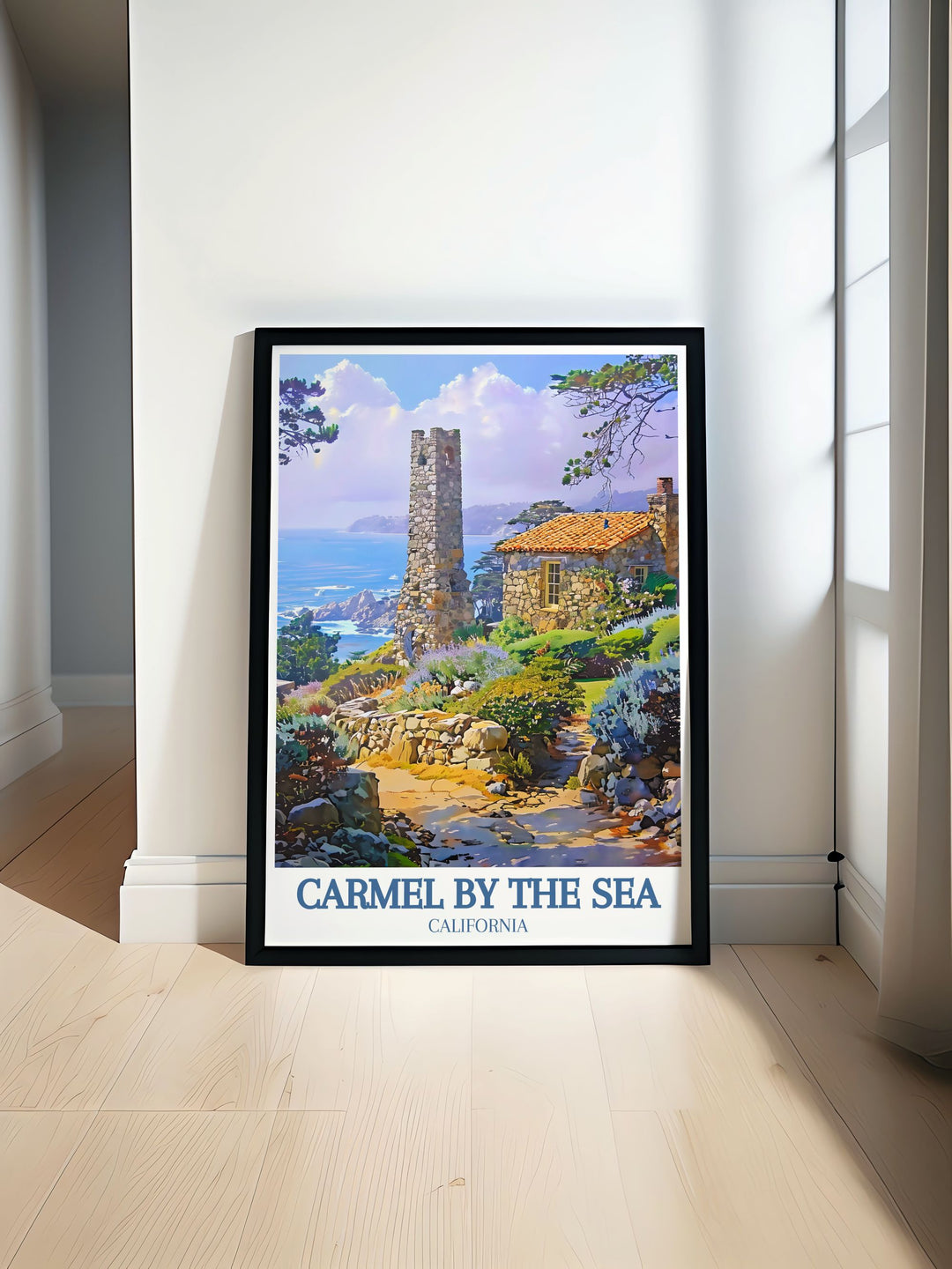 This travel poster captures the iconic charm of Carmel by the Sea, featuring its quaint cottages and artistic atmosphere. Ideal for adding a touch of the towns unique beauty to your home decor and celebrating one of Californias most beloved villages.