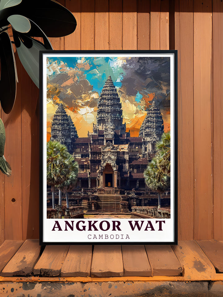 This travel print of Angkor Wat captures the breathtaking beauty of Cambodias most iconic temple. Featuring the detailed stone carvings and grand structure, this poster is perfect for those fascinated by Khmer architecture and Southeast Asian culture. Add this Angkor Wat print to your collection for a touch of historical elegance.